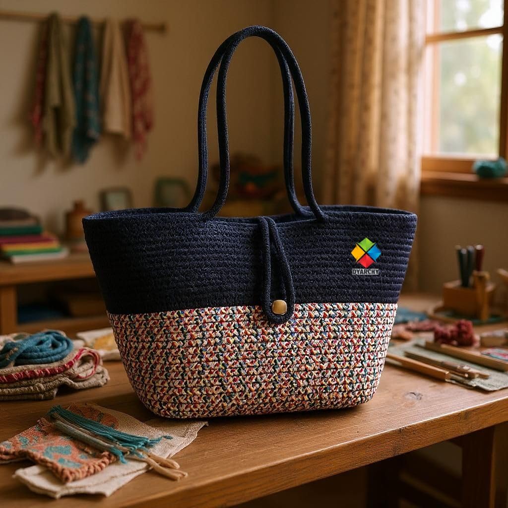 DYARCHY Woven Straw Beach Tote Bag, Cotton Rope Handle with Button Closure (BLUEDESIGNER)