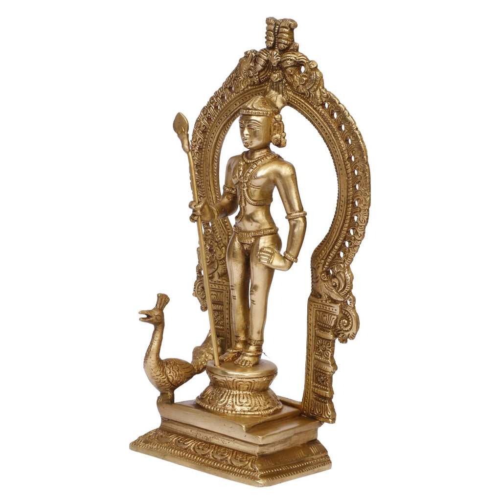 ARTVARKO Brass Lord Murugan Kartikeya Murugana Kumaraswamy Karthikeya Standing Idol with Peacock Swaminatha Skanda Murti Swami Ji Subrahmanya Swamy Height 10 Inch