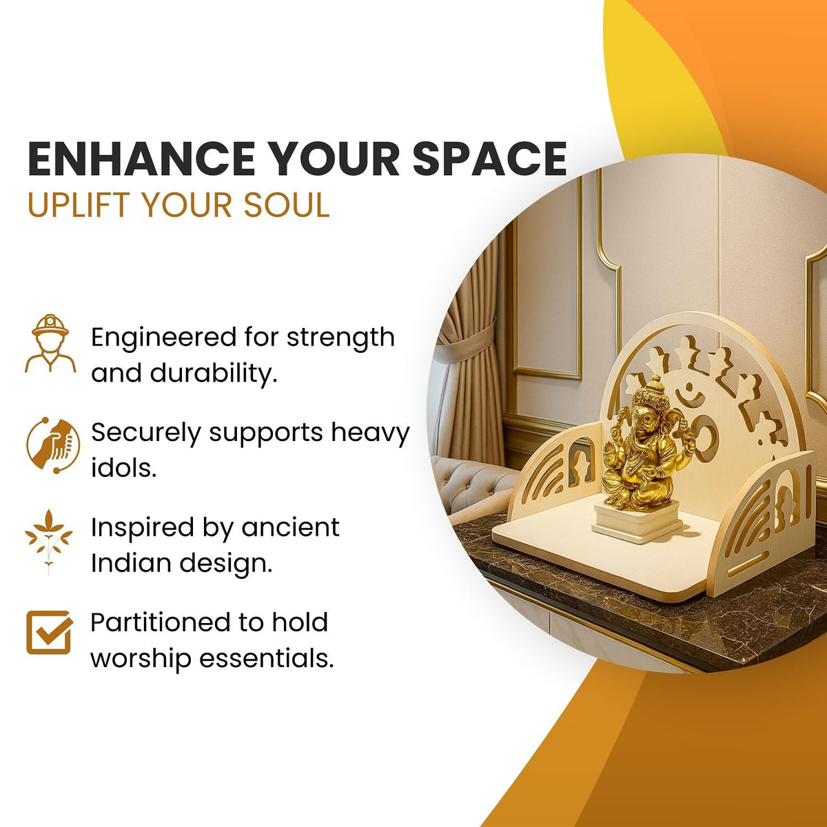 HOMEWEY DECOR Wooden Home Temple Handcrafted Support Heavy Idols Luxurious Finish Pooja Mandir for Home & Office Wall Mount for Room (Design7)