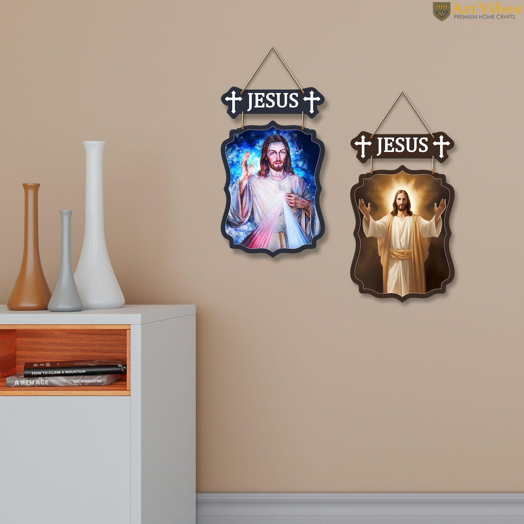 Artvibes Jesus Christ Designer Wooden Wall Hanging Decoration Items for Home Decor | Spiritual Decor Items | Religious Wall Art | Wall Poster | Modern Decor Items | Unique Gift (WH_9718N), Set of 2