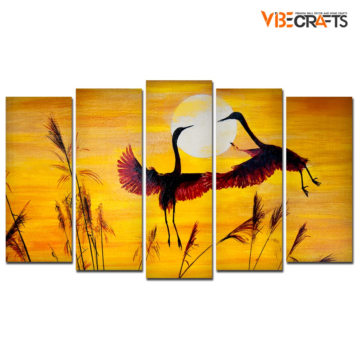 VIBECRAFTS 5 Pieces Flamingos Flying In sunset Canvas Wall Painting For Home|Office|Living Room|Gift (PTVC5Pcs2_6509)