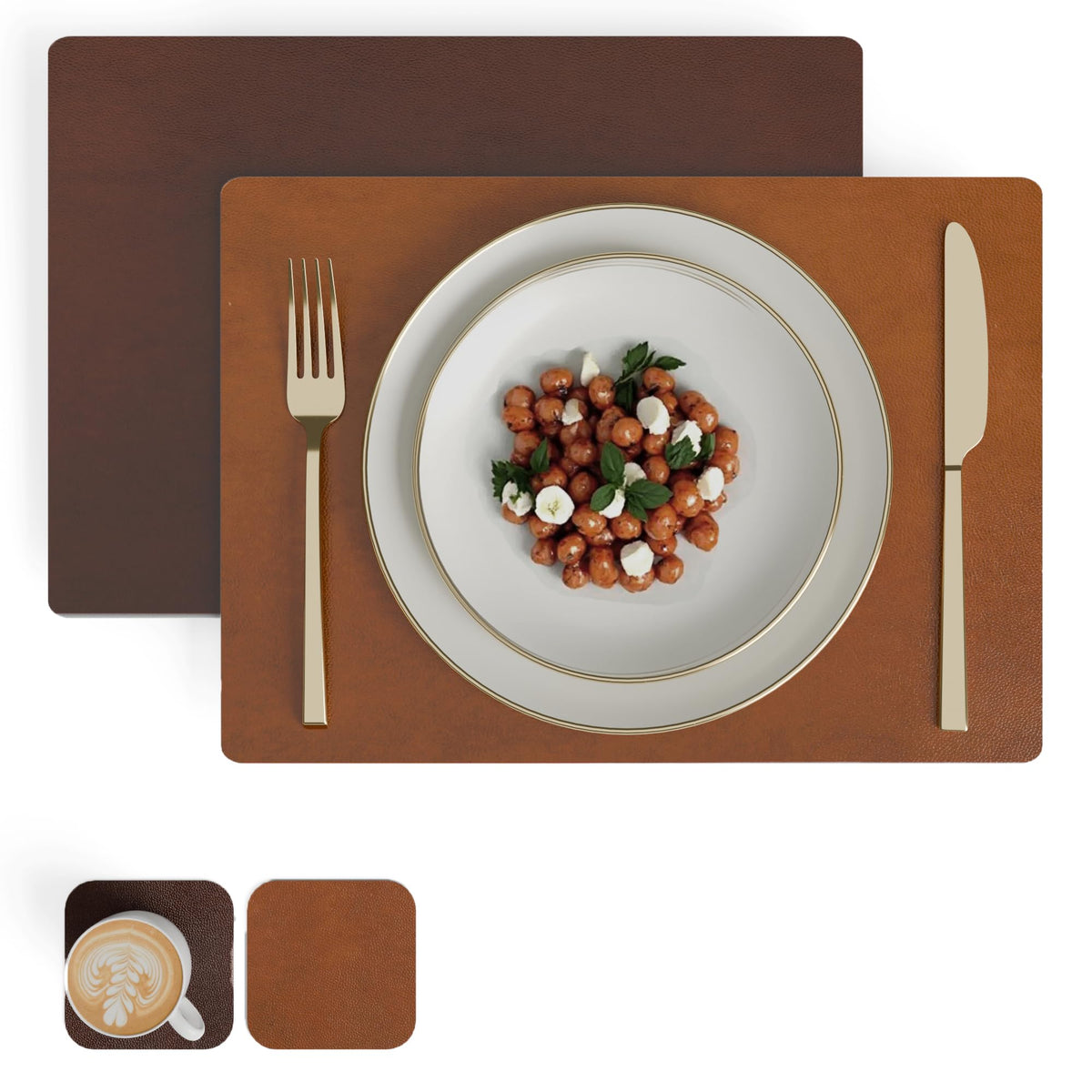 Encasa XO Leather Dining Table Mats, Heat & Stain Resistant Brown & Tan Kafalo