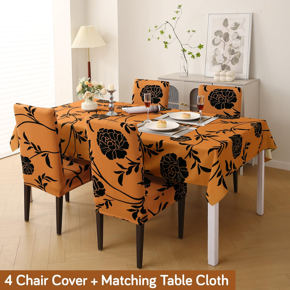 HOKIPO 'Elira Series' Elastic Dining Chair Covers Set of 4 with Matching Tablecloth, Copper Brown Floral (AR-5371-C8)
