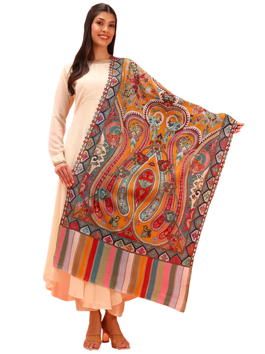 Pashmoda Women Rangdil 100% Pure Wool Fabric Kalamkari Embroidered Stole, Shawl and Wrap, Sustainable and Natural Fabric, Heritage Kashmiri Pashmina (Size 28x80 Inches) Mustard Colour