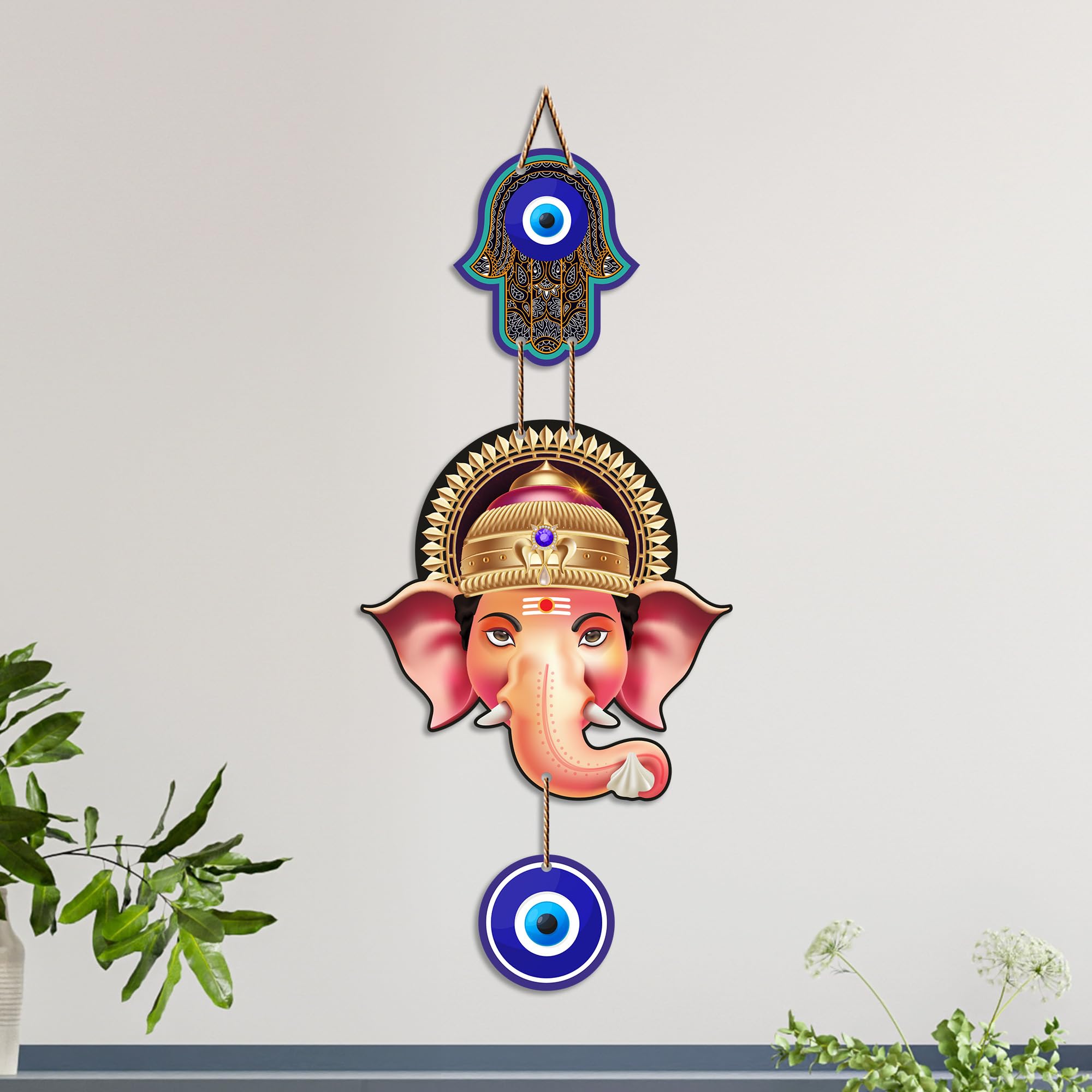 Artvibes Shree Ganesha Nazar Raksha Wall Hanging for Home Entrance | Evil Eye Protection Decor for Living Room Bedroom Office Temple | Positive Energy Spiritual MDF Decorative Gift Item (WH_8563N)