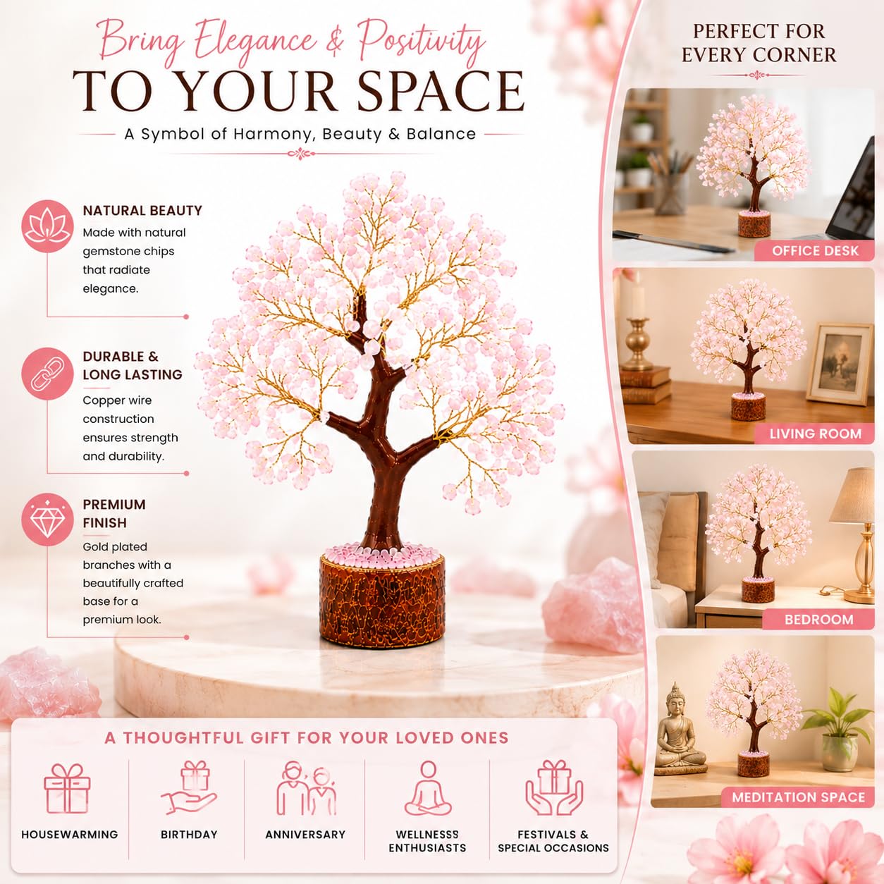 LXOMES Rose Quartz Crystal Tree, with Natural Gemstone and Golden Wire, 10