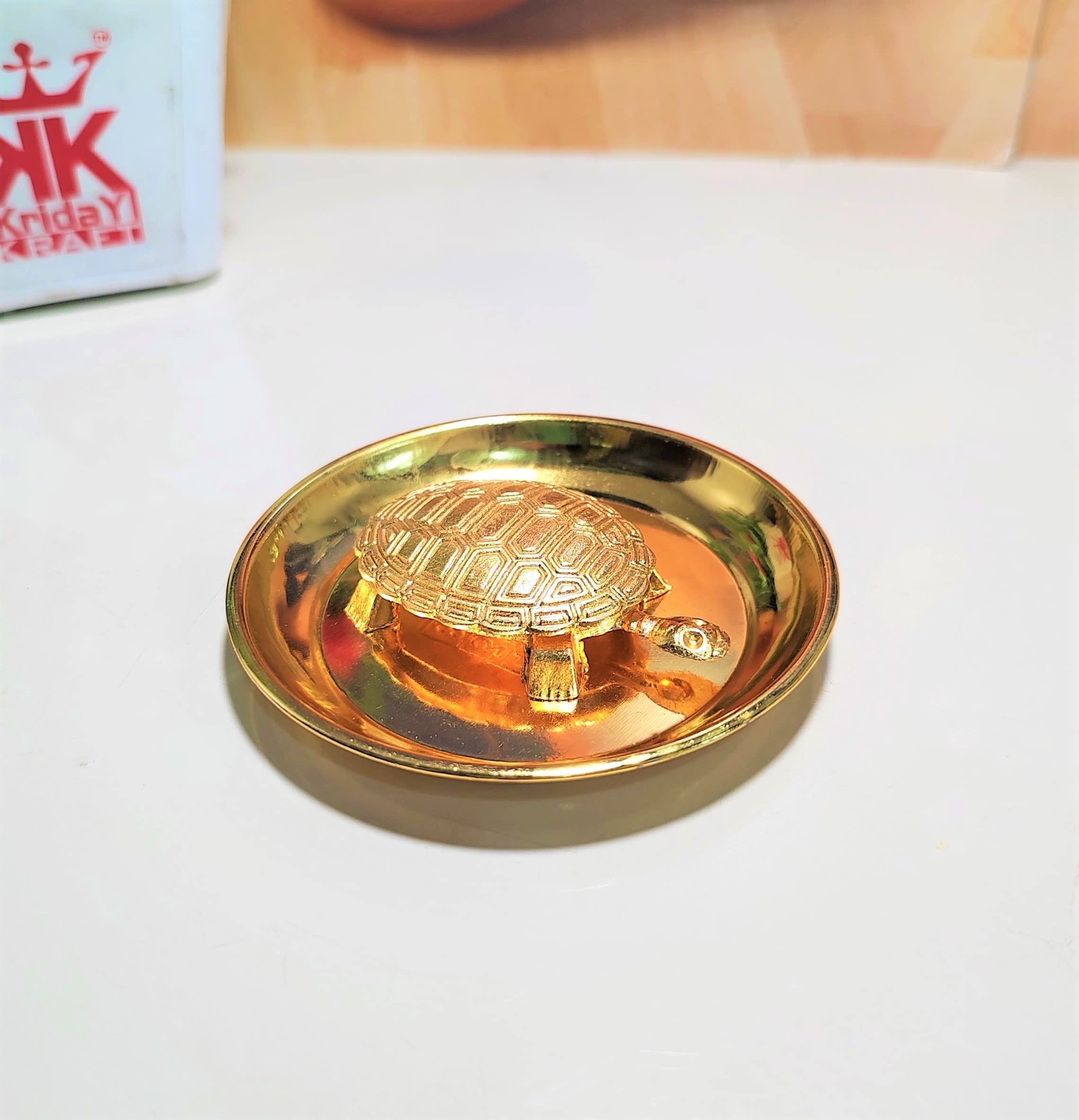 KridayKraft Kachhua (Turtle) with Plate for Vastu Feng Sui,Kachua Yantra for Good Luck & Evil Eye Protection,Metal Tortoise Staute Animal Showpiece Figurine & Gifting Items..., Gold
