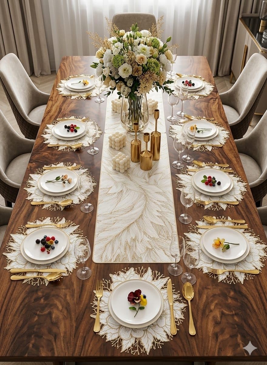 Dining Table Mats with Table Runner Set Leaf Pattern Placemat Set for Dining Table Kitchen Home Decoration (Luxury Floral Design Table mat + Modern ractangle Table Runner, Pack of 9 (8+1)) Kafalo