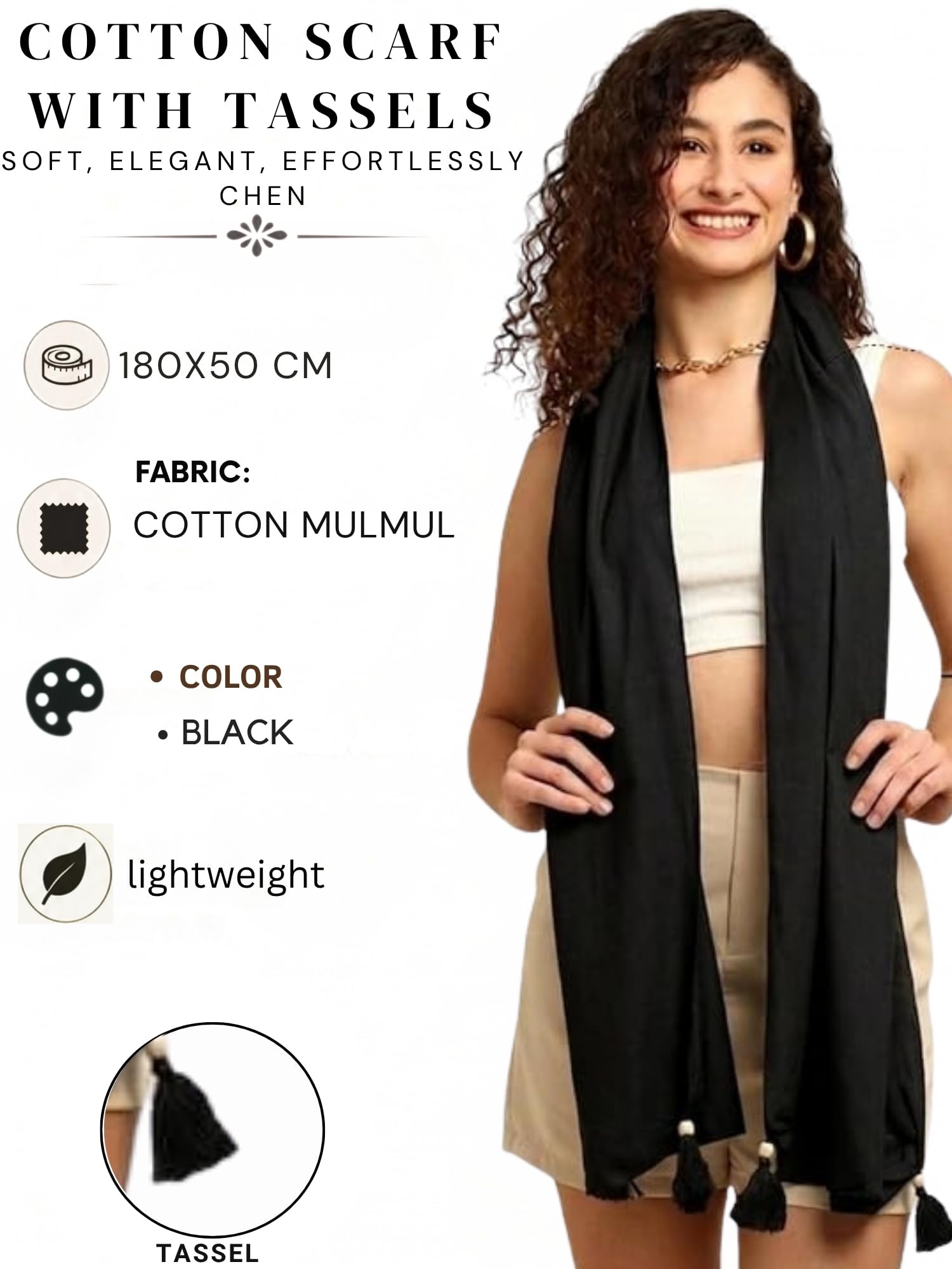 GALE GIRLS Cotton Mulmul Scarf|Scarf for Women|Mulmul Stole|Soft Beach Wrap|Tassel Design|Easily fits 180 * 50cm|Black