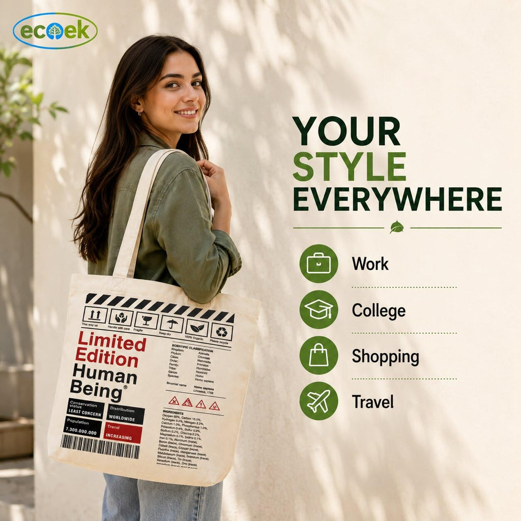 ECOEK Stylish Canvas Tote Bag for Women | Reusable Trendy Zipper Handbag with Pocket, Lightweight Aesthetic Cotton Tote for College, Office, Travel and Daily Use-Limited Edition White