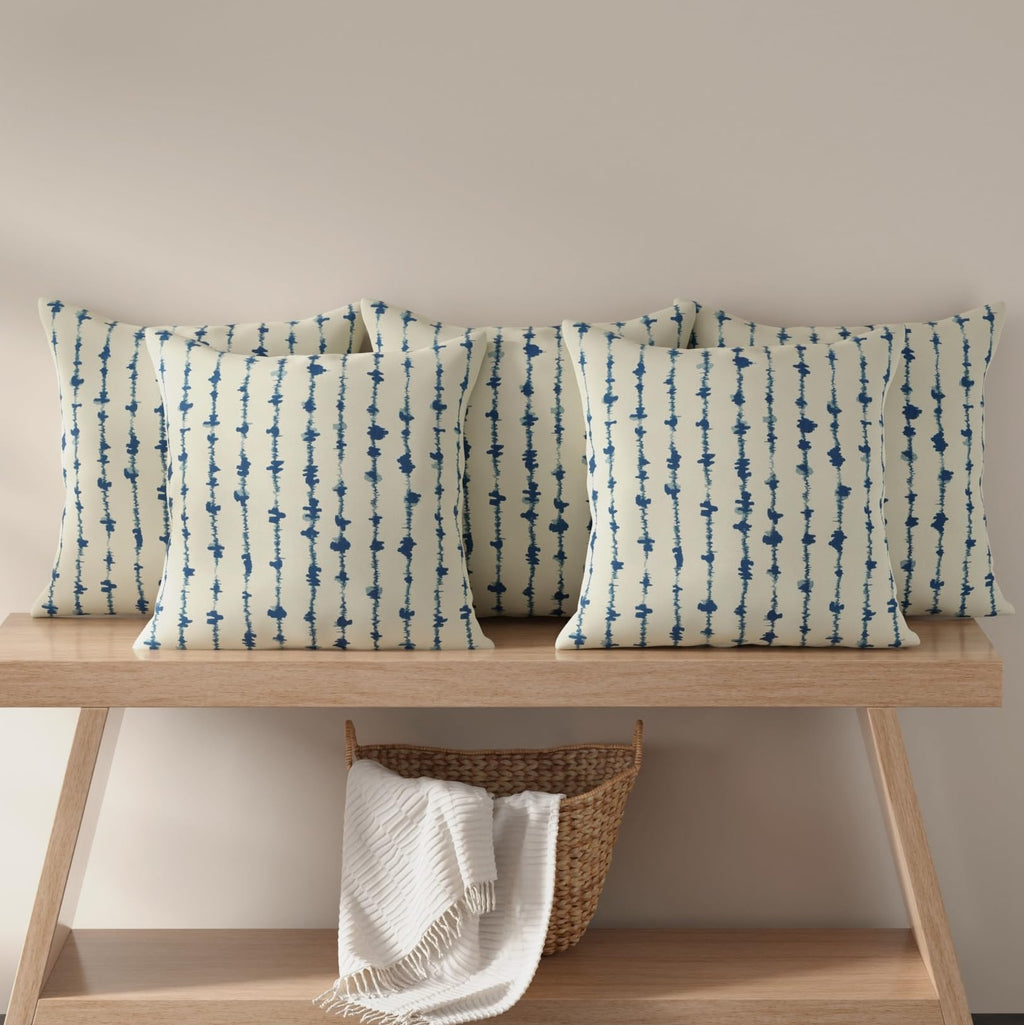 HUESLAND Premium Cotton Cushion Cover 12 x 12 inch Set of 5 | Decorative Throw Pillow Covers for Sofa, Living Room & Bedroom | Blue Vertical Stripes