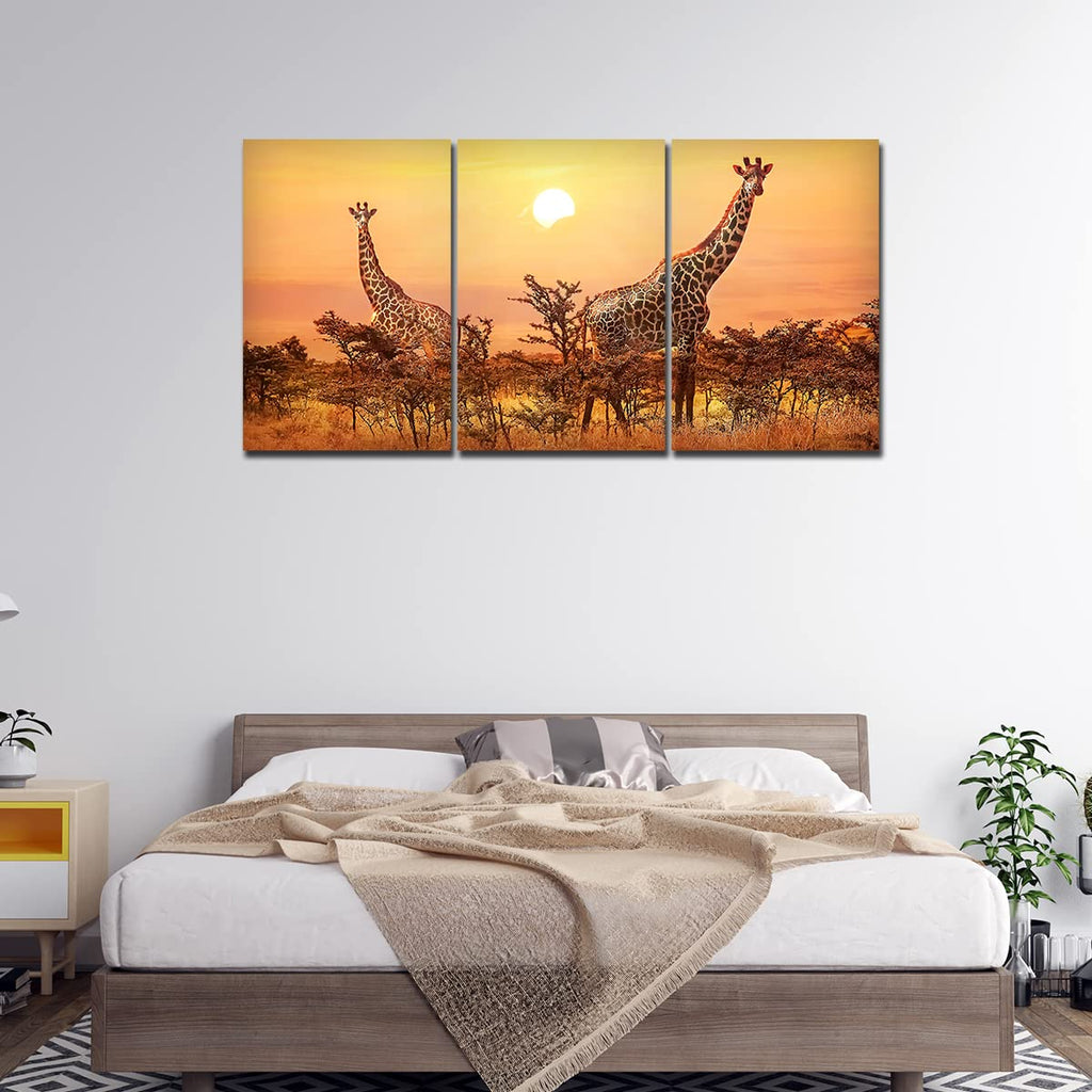 VIBECRAFTS Beautiful Giraffes Sunset In Background 3 Pieces Canvas Wall Painting Fitted With Wooden Frame For Home | Office | Living Room | Gifts(PTVC3Pcs3_11503)