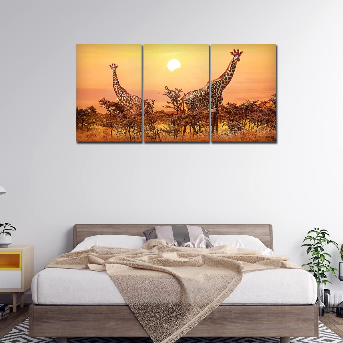 VIBECRAFTS Beautiful Giraffes Sunset In Background 3 Pieces Canvas Wall Painting Fitted With Wooden Frame For Home | Office | Living Room | Gifts(PTVC3Pcs3_11503)