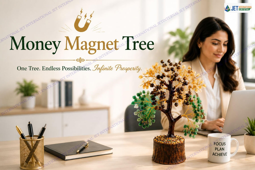 Jet Money Magnet Crystal Tree 10 Inch | Pyrite, Citrine, Green Aventurine & Tiger Eye Gemstone Tree for Home, Office & Desk Décor