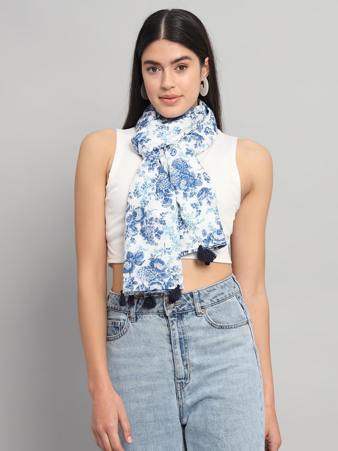 Ravaiyaa - Attitude is everything Women White & Blue Hand Block Floral Printed Cotton Tasseled Scarf 71 X 21 Inch