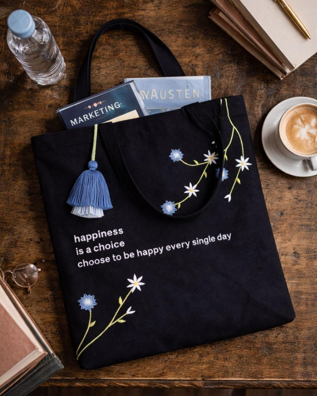 MASQ Premium ToteBag for Women with Zipper | Embroidered Foldable Shoulder Bag with Multiple Pockets | Spacious Handbag for College & Office | Eco-Friendly & Reusable