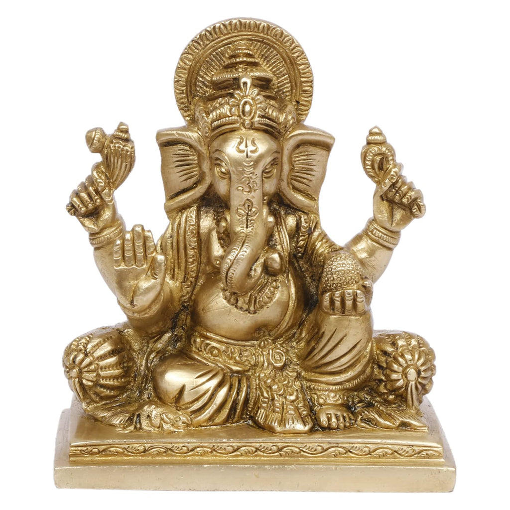 ARTVARKO Brass Lord Ganesha Murti in Resting Blessing Sitting Ganesh Bhagwan Idol Ganpati Metal Statue for Home Office Entrance Décor Pooja Marriage Gift 5 Inch