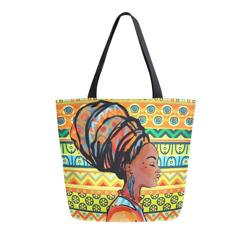 Naanle Africa Canvas Tote Bag Large Women Casual Shoulder Bag Handbag, African Girl Reusable Multipurpose Heavy Duty Shopping Grocery Cotton Bag for Outdoors.