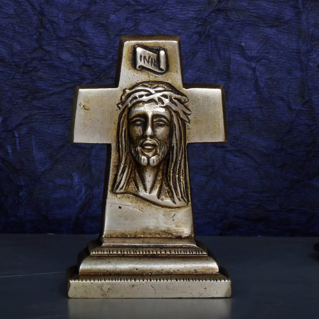 ARTVARKO Solid Brass Cross Statue with Jesus Face Idol Home Decor Religious Figurine Gold Color (7.1 x 3 x 11 cm)