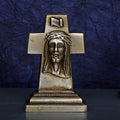 ARTVARKO Solid Brass Cross Statue with Jesus Face Idol Home Decor Religious Figurine Gold Color (7.1 x 3 x 11 cm)