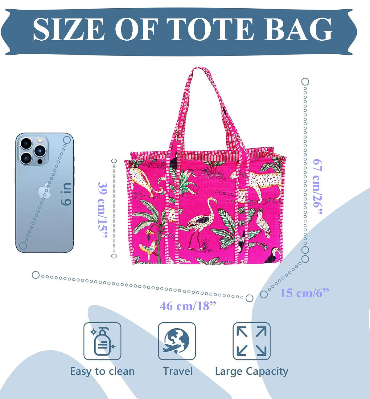 Rastogi Handicrafts Quilted Cotton Women Beautiful Printed Grocery Shopping Bag, Shoulder Bag, Tote Bag, Travel Bags, Pink, 18X6X15 Inch