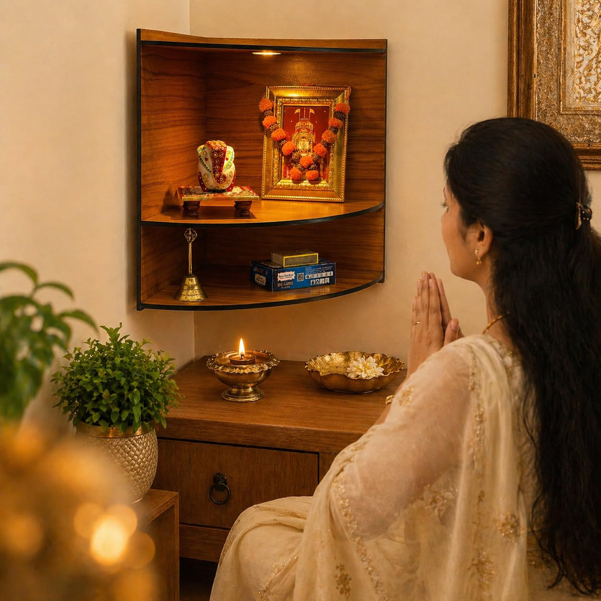 Zesta Wooden Mandir for Home Big Size | DIY Pooja Mandir with LED Spot Light | Devghar Cabinet for Living Room or Office | Wall Mounted Pooja Unit for Home (Mandir for Corner)
