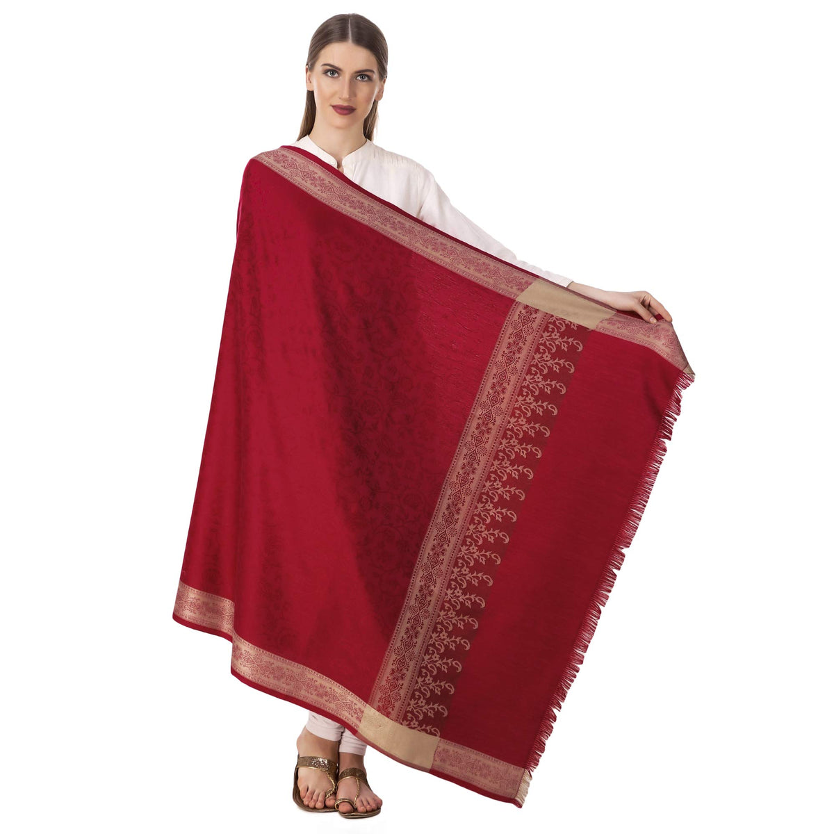 BRAVEZI Women's Woolen Solid Self Design Border Shawl (Maroon)