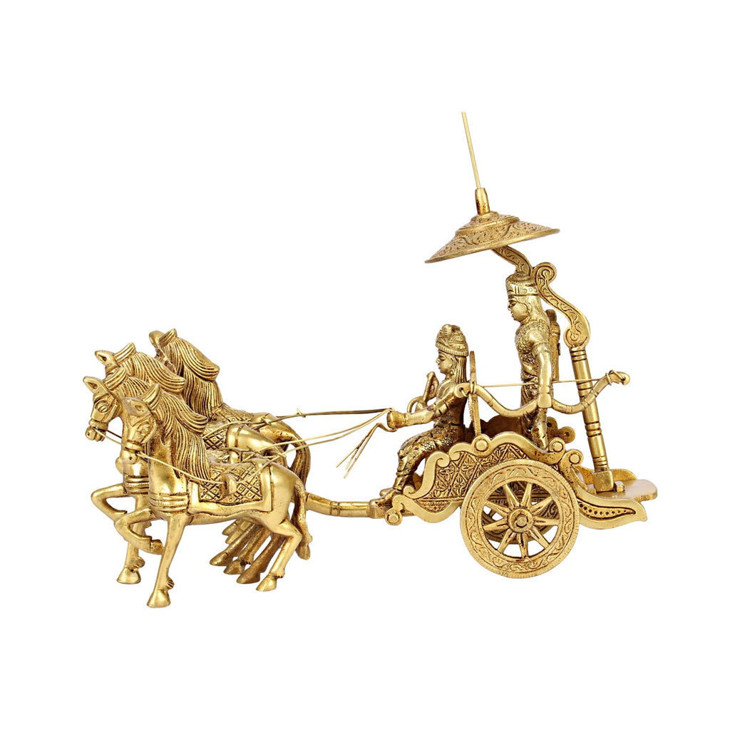 ARTVARKO Brass Four Horses Mahabharat/Geeta Arjun Chariot (Rath) with Krishna & Hanuman Lord Krishna Arjun Rath Idol Showpieces 10 Inch