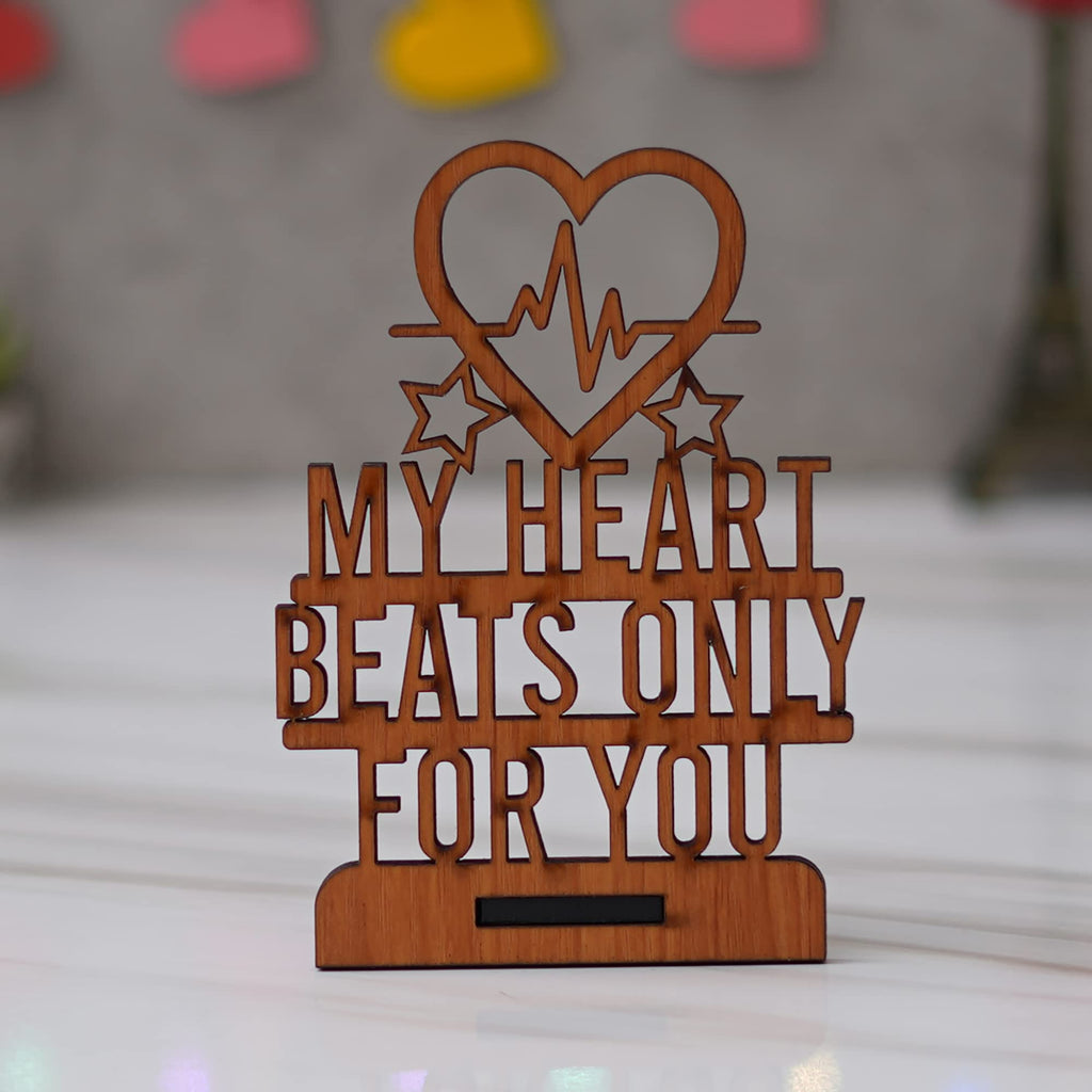 eCraftIndia Brown Wooden My Heart Beats Only for You Decorative Showpiece - Anniversary, Valentine Gift for Girlfriend Boyfriend Husband Wife - Valentine Day Gifts - Valentine Day Decoration Items