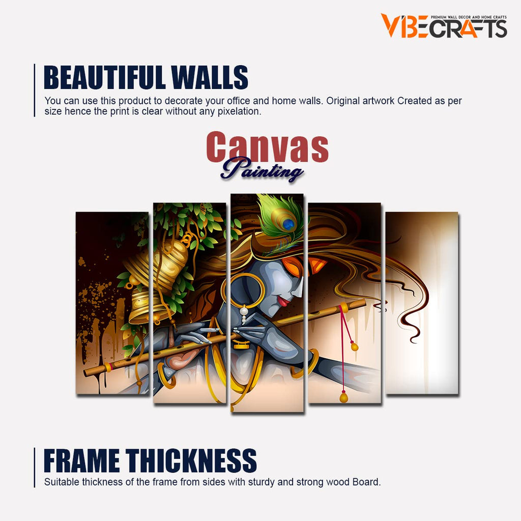 VIBECRAFTS A Beautiful Krishna Playing Bansuri 5 Pieces Canvas Wall Painting For Home|Office|Living Room|Gift (PTVC5Pcs2_6505)