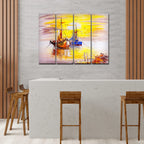 VIBECRAFTS Colorful Boats 4 Pieces Canvas Wall Painting Fitted With Wooden Frame For Home | Office | Living Room | Gifts (PTVC4Pcs1_13501)