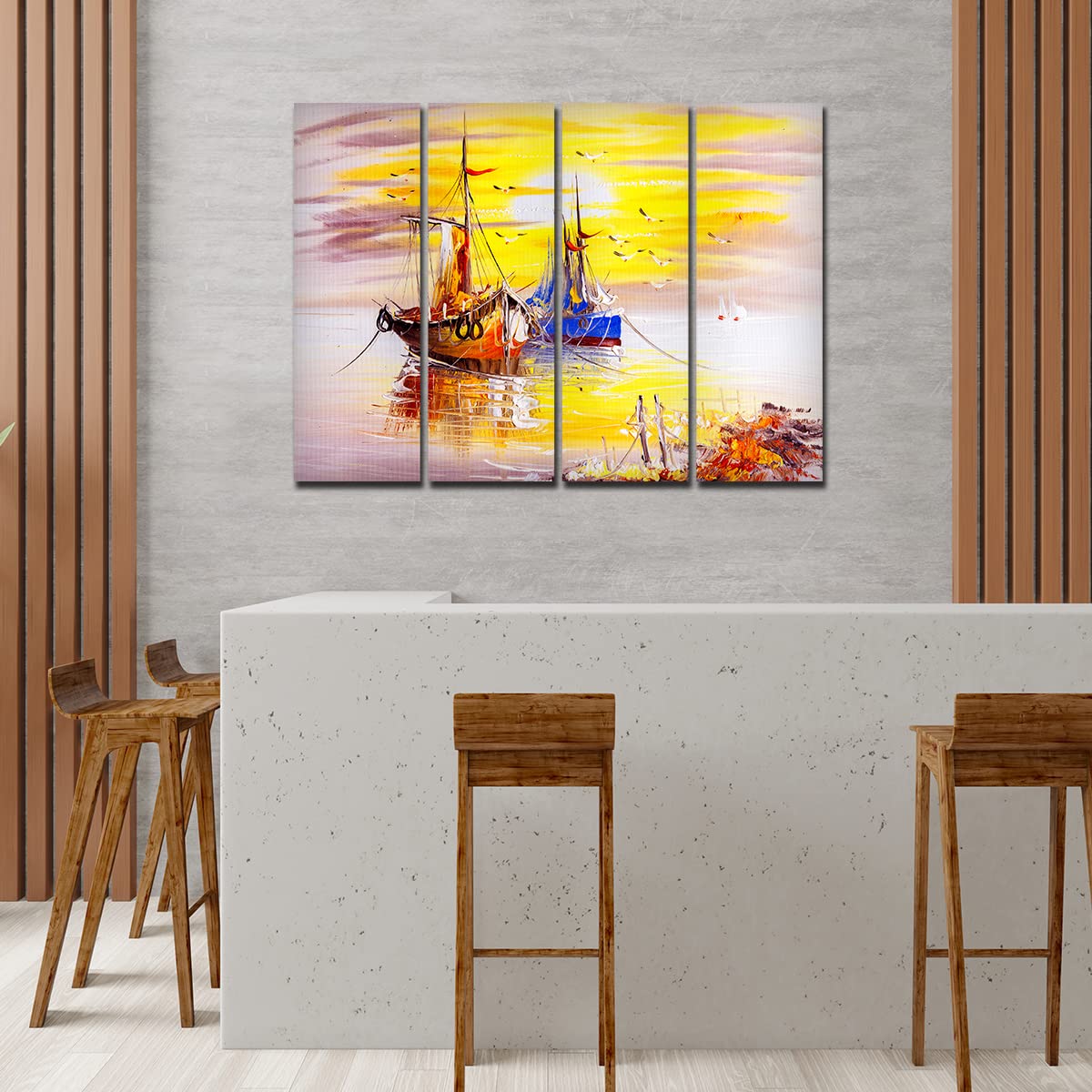 VIBECRAFTS Colorful Boats 4 Pieces Canvas Wall Painting Fitted With Wooden Frame For Home | Office | Living Room | Gifts (PTVC4Pcs1_13501)