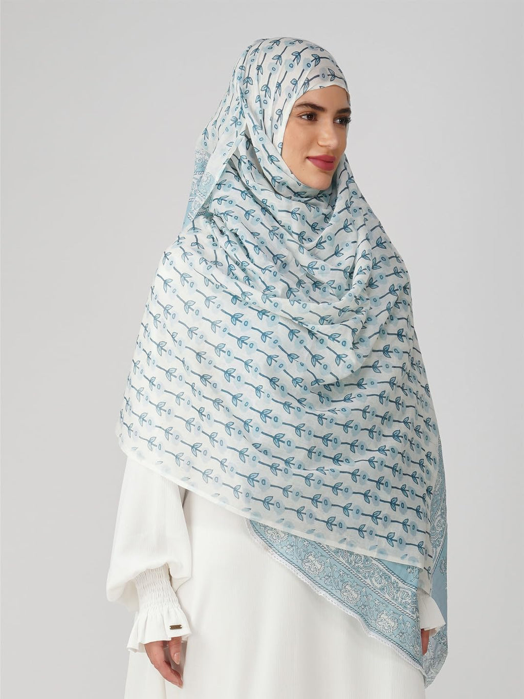 ANAApparels ANA Amal Blue Floral Dupatta | 88 x 43 Inches – Premium Mulmul Cotton | Lace Border | Lightweight, Soft & Breathable