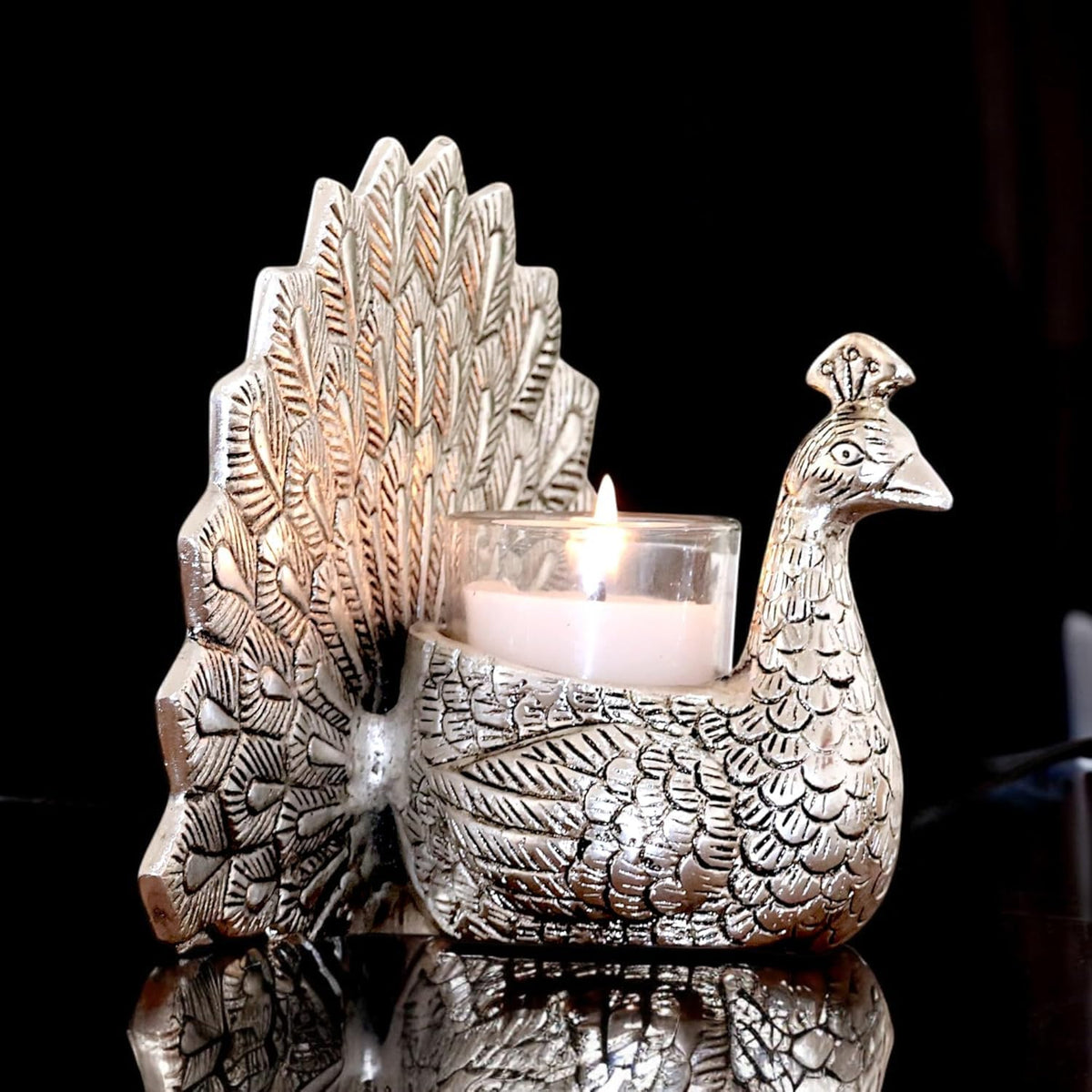 KridayKraft Metal Handcrafted Silver Plated Dancing Peacock Showpiece Candle Holder with Tealight Candle and with Beautiful Velvet Box Packing for Gifting Anniversary Valentine's Day
