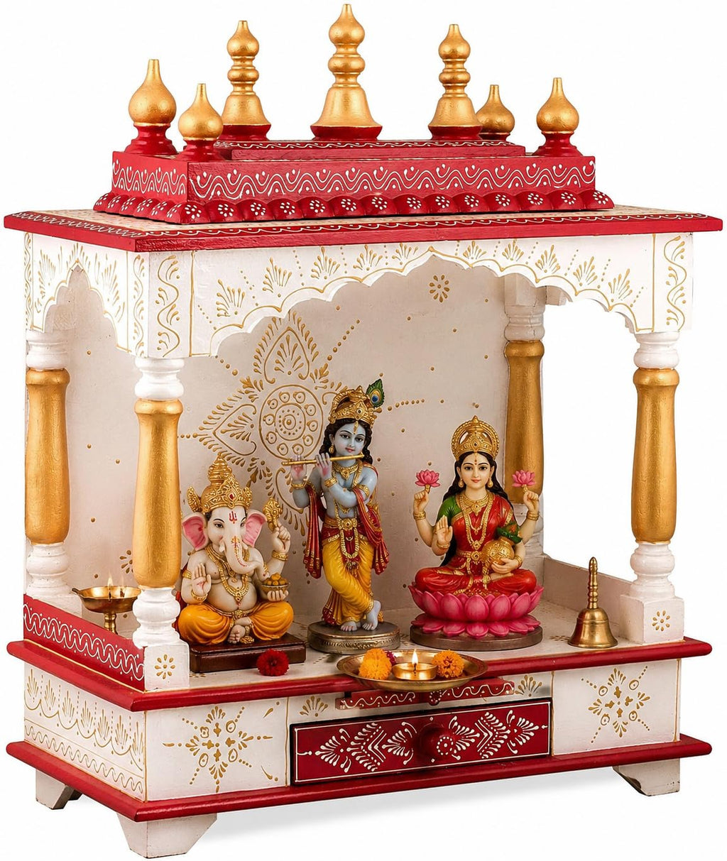 Kamdhenu art and craft Wooden Home Temple (Red And Yellow), 22 Inch