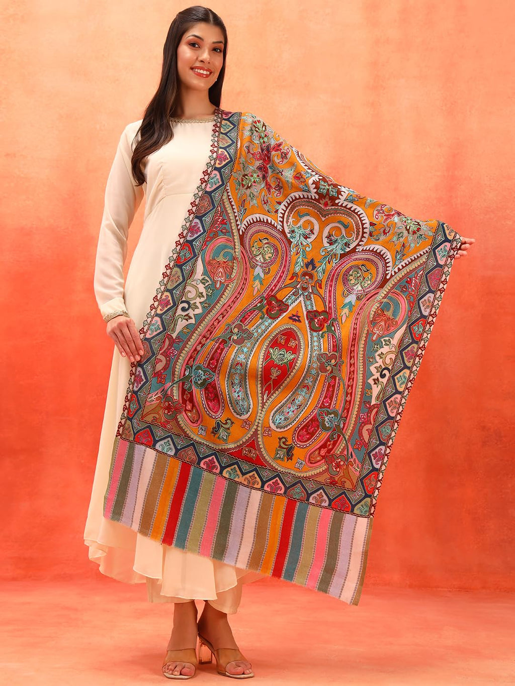 Pashmoda Women Rangdil 100% Pure Wool Fabric Kalamkari Embroidered Stole, Shawl and Wrap, Sustainable and Natural Fabric, Heritage Kashmiri Pashmina (Size 28x80 Inches) Mustard Colour