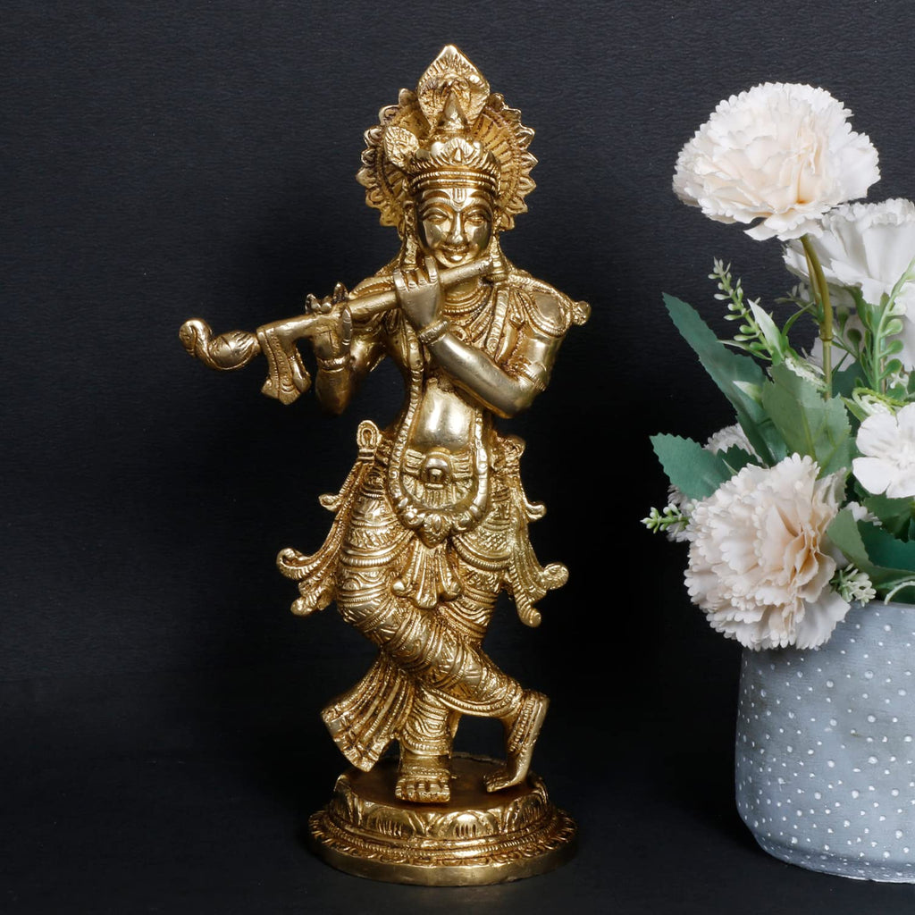 ARTVARKO Brass Krishna Idol Statue Playing Flute for Puja Mandir Krishna Murti Sculpture Gift & Home Decor Height 9 Inches