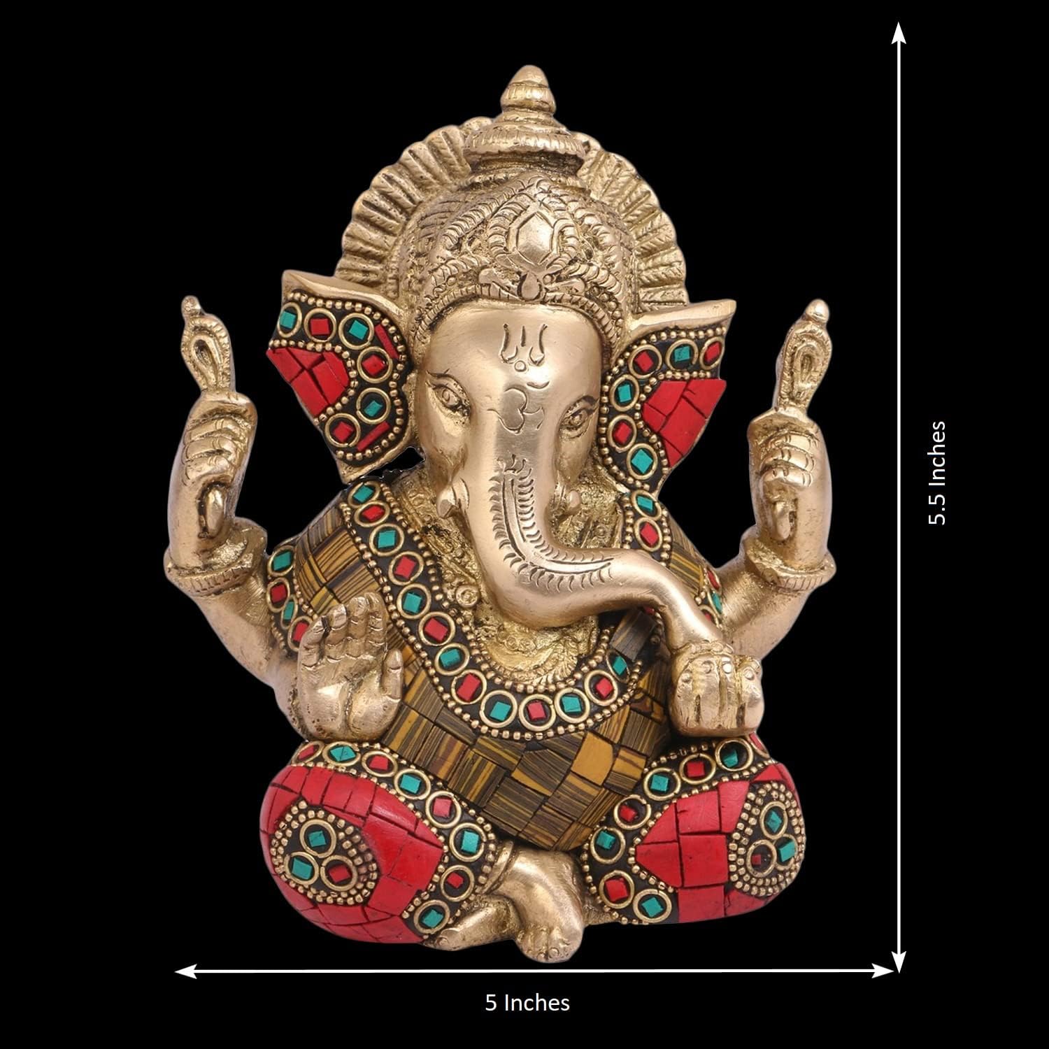 ARTSARA Brass Ganesh Idol Ganesha Vinayak Ganpati Sitting Home Entrance Decor Temple Puja Gift 5.5 Inch Multicolor
