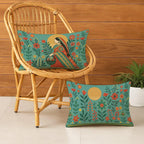 STITCHNEST Satin Cushion Covers Elegant Woman in Saree with Basket & Flowers, 12x18 Inch, Pack of 2 for Ethnic Sofa Styling & Gifting