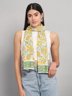 Ravaiyaa - Attitude is everything Female Cotton Women White & Yellow Hand Block Leaf Printed Scarf 71 X 21 Inch
