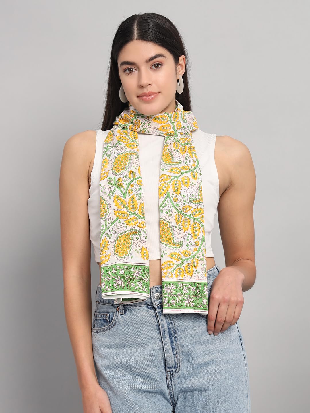 Ravaiyaa - Attitude is everything Female Cotton Women White & Yellow Hand Block Leaf Printed Scarf 71 X 21 Inch