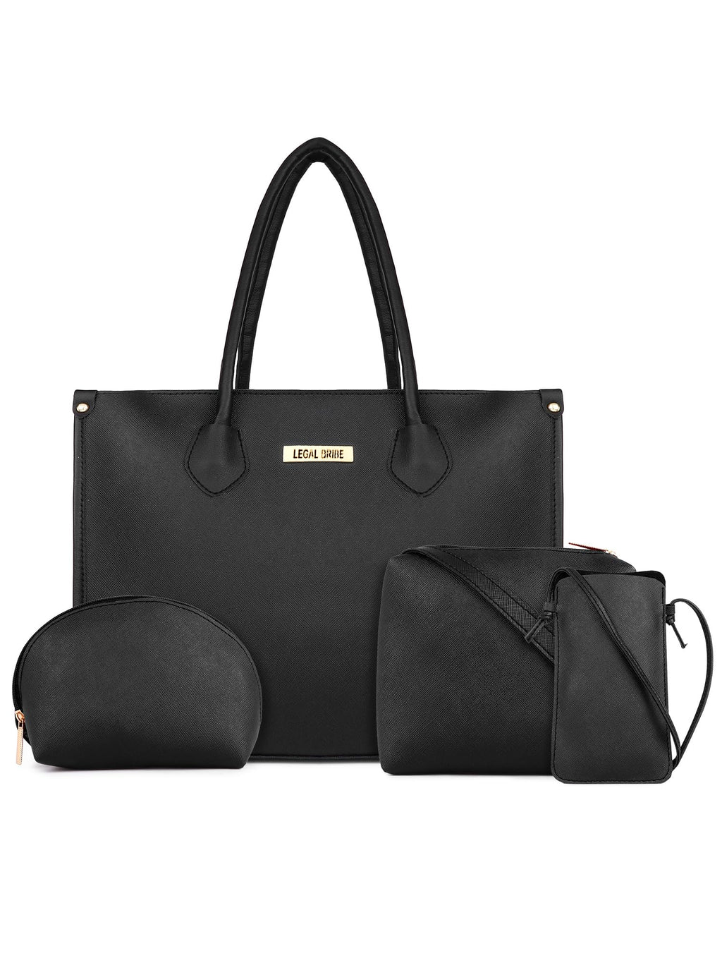 LEGAL BRIBE Women Textured Classic Tote Bag Combo Of 4 (Black)