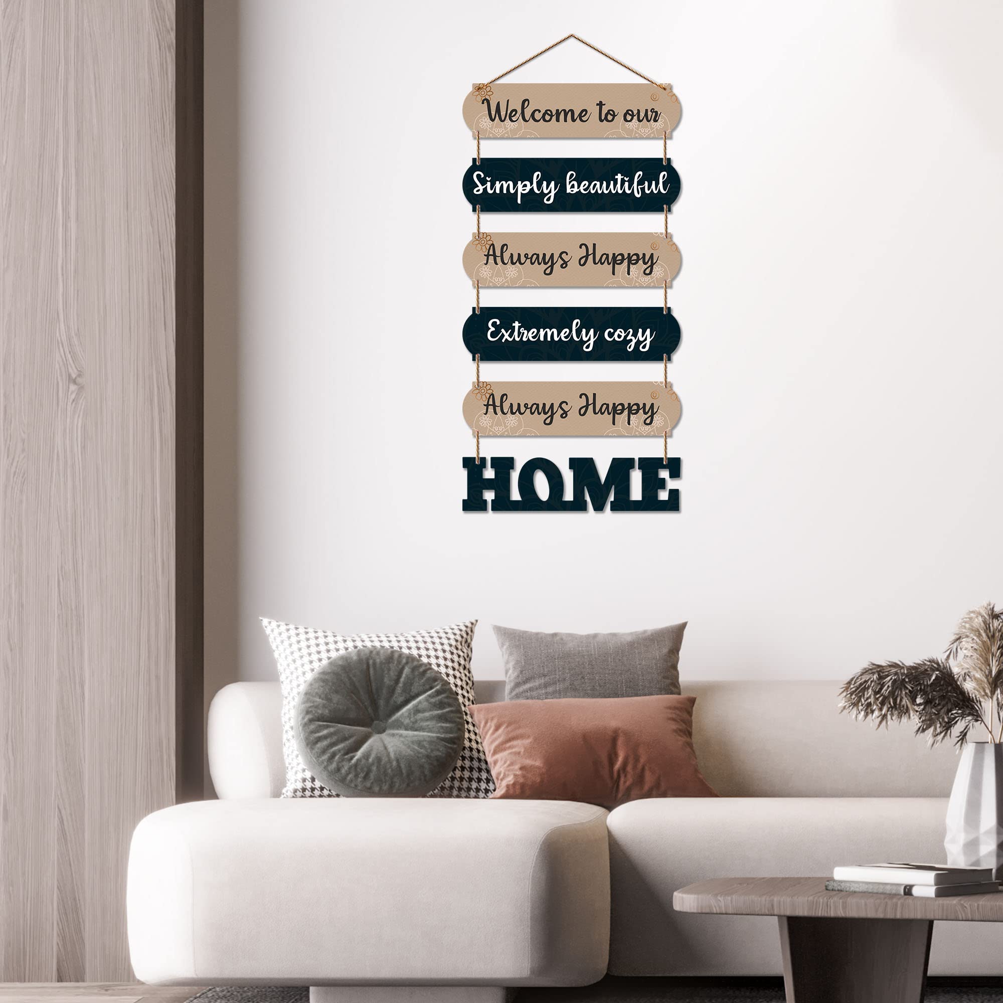 Artvibes Welcome To Our Always Happy Home Wooden Wall Hanger for Gateway | Decor Hanging Ornaments | Door Quotes Hanging | Wall Poster | Modern Decor Items | Gift Items for Home Decor (WH_6609N)