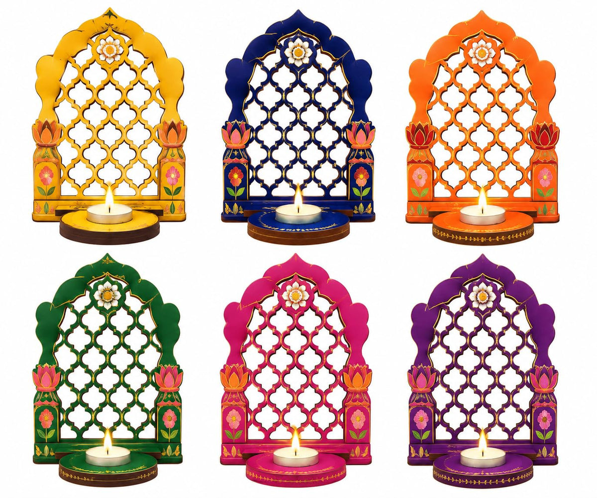 SVM CRAFT® Printed MDF Jharokha Style Tealight Candle Holder | Decorative Tea Light Stand | Traditional Indian Festival Decor for Diwali, Pooja, Home Decoration & Gifting | 2 Layer MDF Design