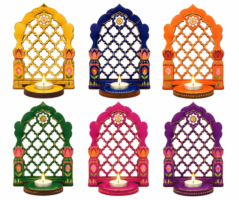 SVM CRAFT® Printed MDF Jharokha Style Tealight Candle Holder | Decorative Tea Light Stand | Traditional Indian Festival Decor for Diwali, Pooja, Home Decoration & Gifting | 2 Layer MDF Design