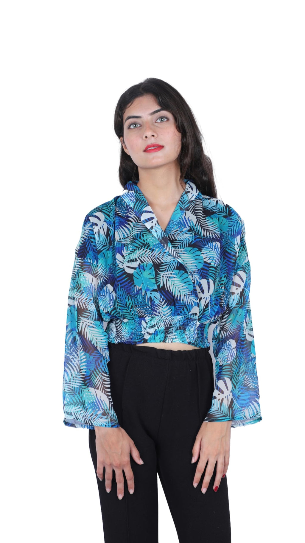 Slique Apparels Women Tropical Print Shawl Collar Crop Top (SLT-2301_Blue)