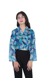 Slique Apparels Women Tropical Print Shawl Collar Crop Top (SLT-2301_Blue)