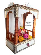 Wooden Home Temple Mandir with Decorative Border, Traditional Design with Pillars, White and Brown