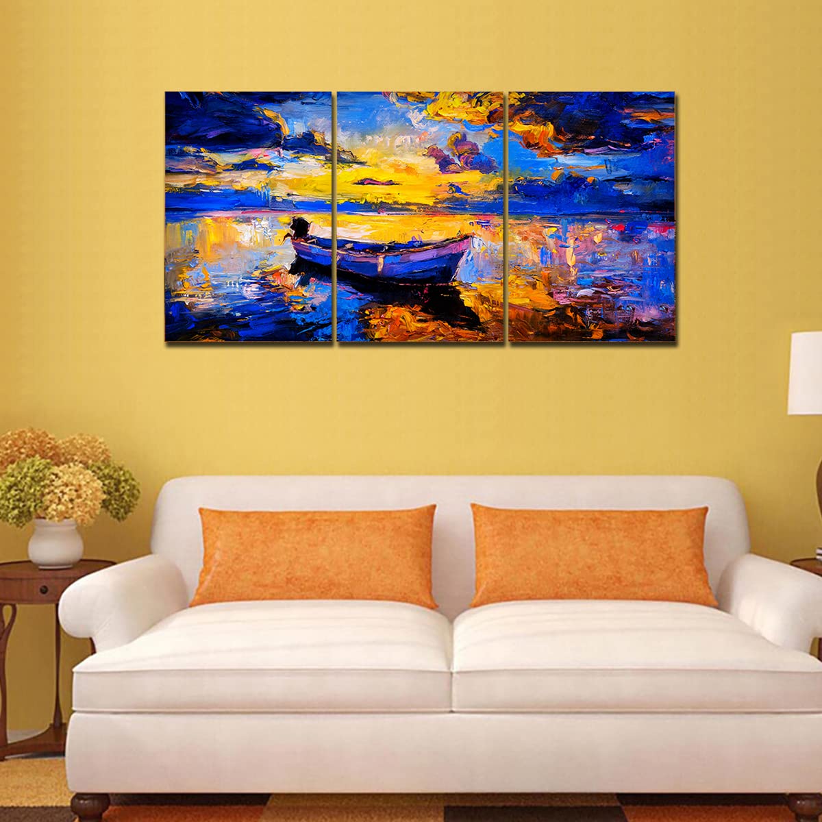 VIBECRAFTS 3 Pieces Sky Sunset And Boat On The Water Canvas Wall Painting Fitted With Wooden Frame For Home | Office | Living Room | Gifts(PTVC3Pcs3_11505)
