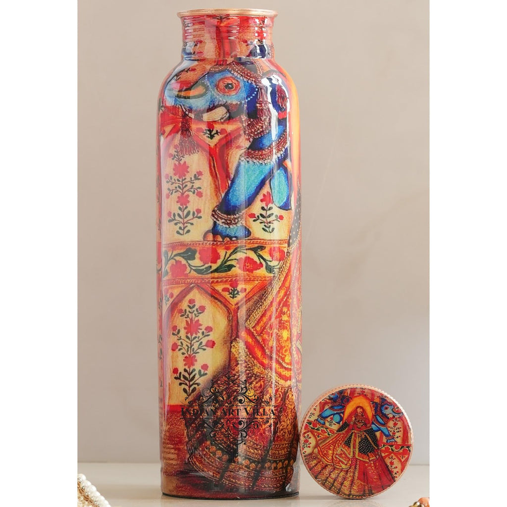 INDIAN ART VILLA Copper Water Bottle 900 ml, “Padharo Mhare Desh” Theme, Rajasthani Meena Printed Design, Handcrafted (0.9 Litre)